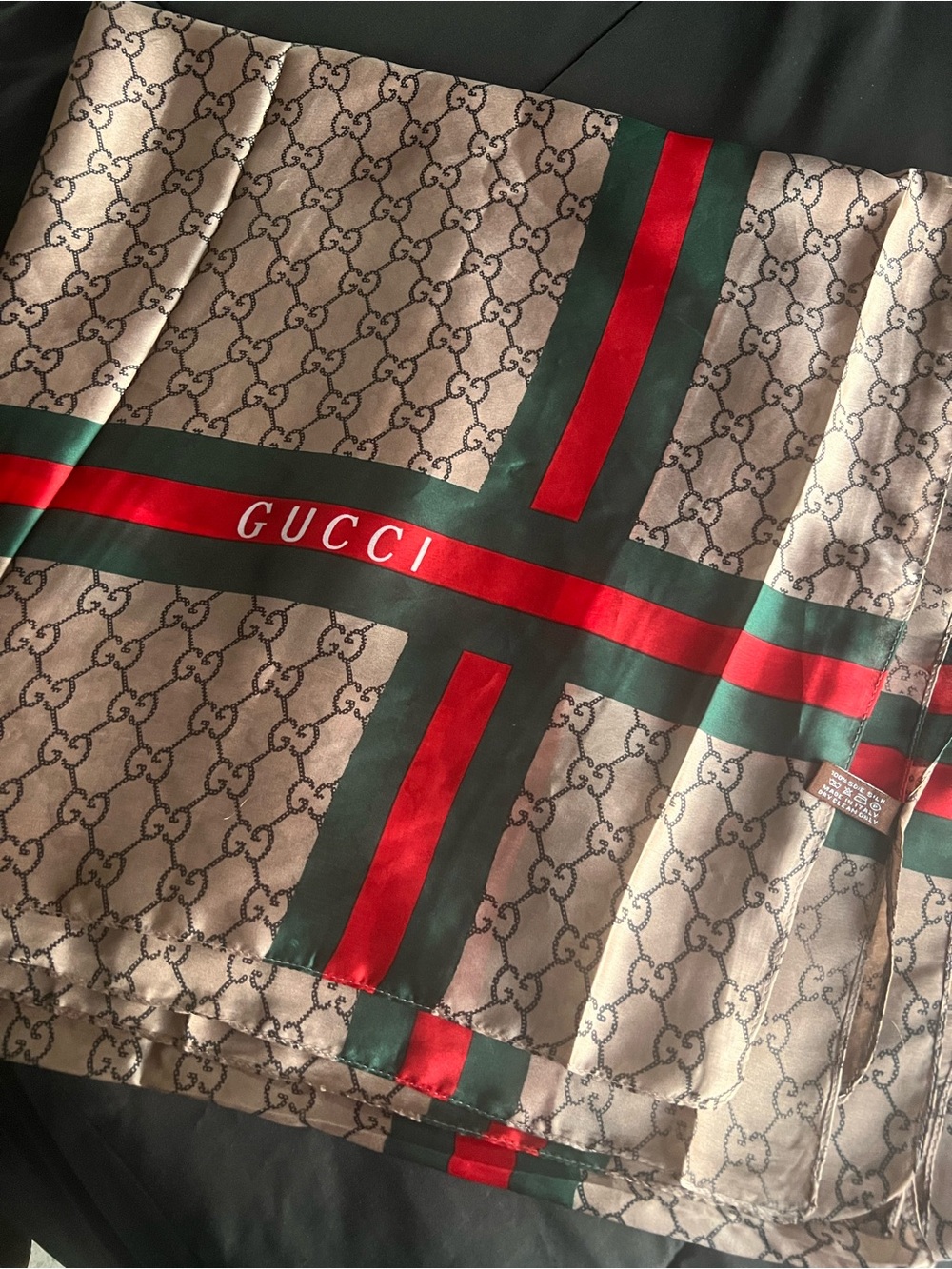 Authentic GUCCI Beige GG Monogram Silk Scarf with Red & Green Stripe